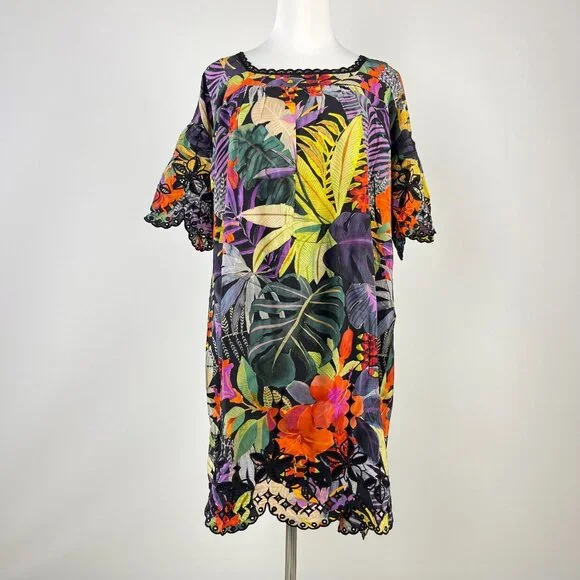$398 NWOT Johnny Was Embroidery Lace Silk Floral Tie Mini Dress Oversize XS